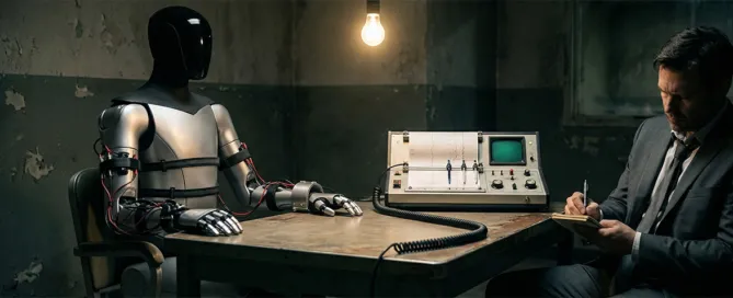 Tesla robot sitting at an interrogation table with a polygraph machine under a single lightbulb."
