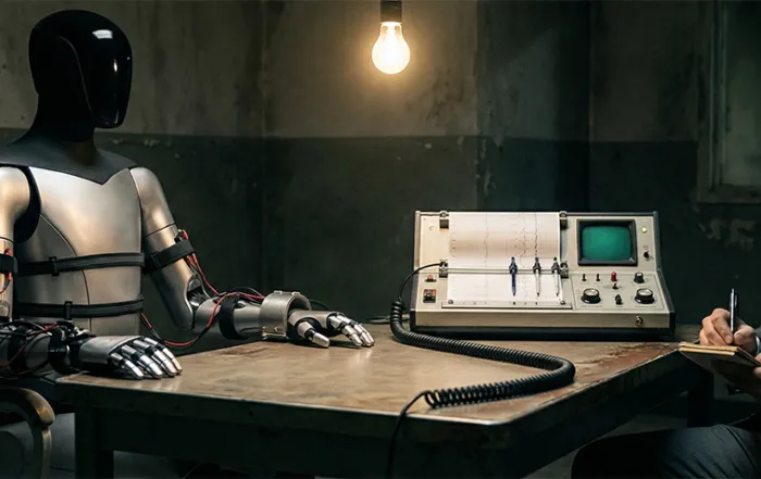 Tesla robot sitting at an interrogation table with a polygraph machine under a single lightbulb."