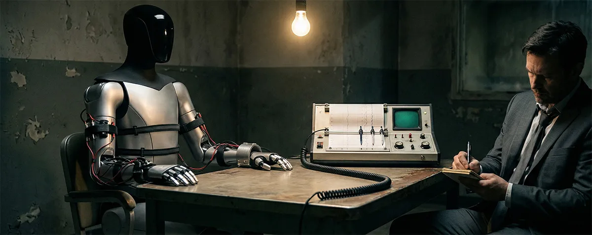 Tesla robot sitting at an interrogation table with a polygraph machine under a single lightbulb."