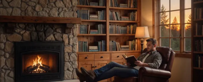Cozy scene of a man reading a book by a stone fireplace at dusk in a warm, wood-filled room