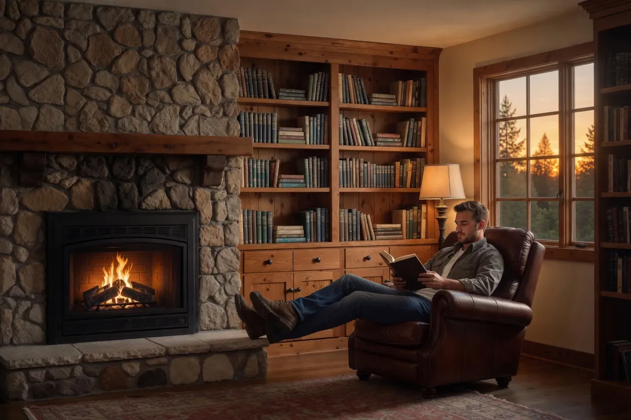Cozy scene of a man reading a book by a stone fireplace at dusk in a warm, wood-filled room