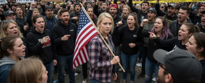 Crowds protesting with anger and an American flag, highlighting the political divisions dampening enthusiasm for America 250.