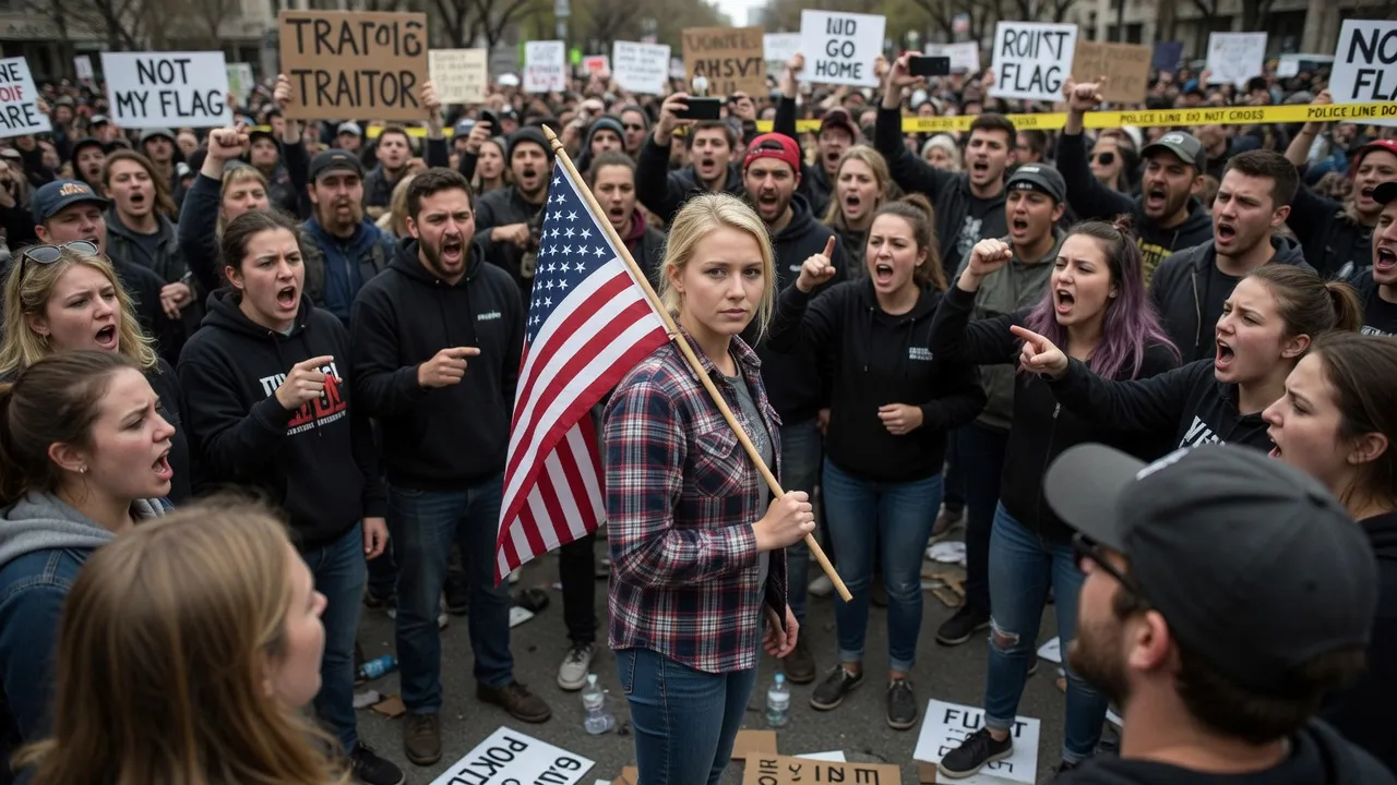 Crowds protesting with anger and an American flag, highlighting the political divisions dampening enthusiasm for America 250.