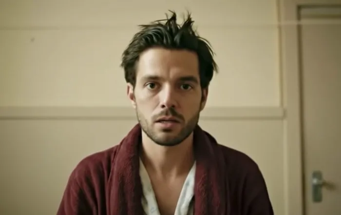 Henry looking stunned and disoriented while sitting in the mental hospital, from the short story 'Seconds'