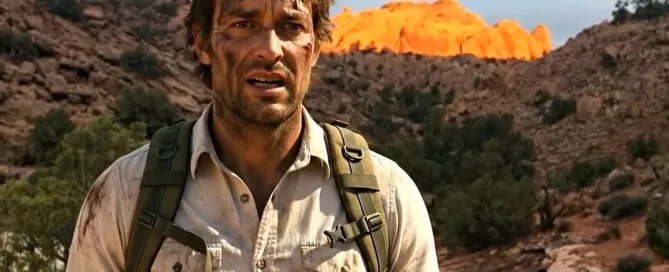 Exhausted and bloodied hiker with dirt-streaked face and backpack standing in dramatic Canyonlands red rock desert at sunset, from the short story 'Places People Fall'