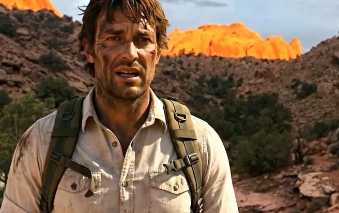 Exhausted and bloodied hiker with dirt-streaked face and backpack standing in dramatic Canyonlands red rock desert at sunset, from the short story 'Places People Fall'