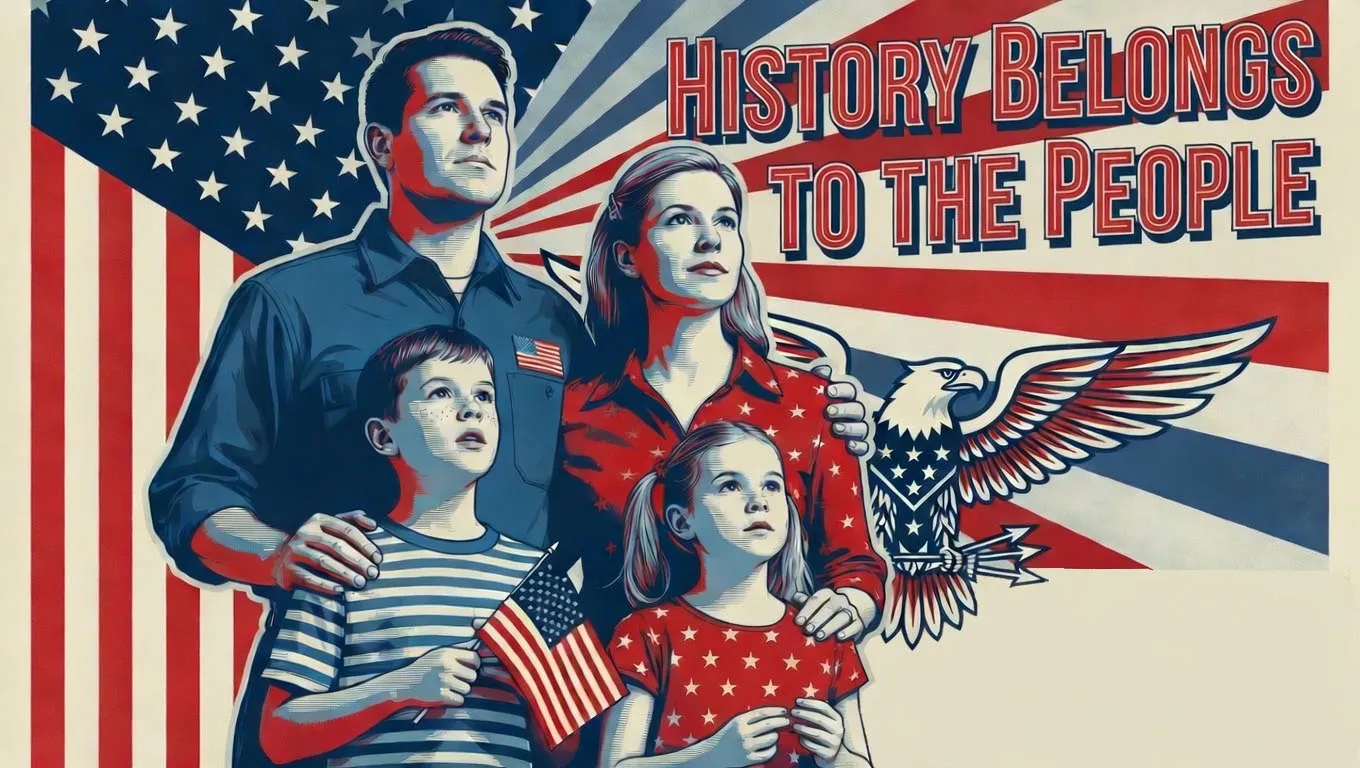 Patriotic poster-style illustration of a diverse American family — a father, mother, young son holding a small American flag, and daughter — standing proudly before a waving U.S. flag and bald eagle, with the bold headline “HISTORY BELONGS TO THE PEOPLE” in red, white, and blue.