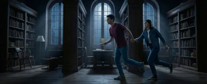 A young man and woman run hand-in-hand through a dark, moonlit library at night, urgently sprinting between tall wooden bookshelves as moonlight streams through large arched windows.