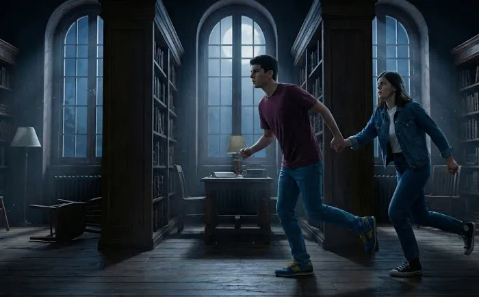 A young man and woman run hand-in-hand through a dark, moonlit library at night, urgently sprinting between tall wooden bookshelves as moonlight streams through large arched windows.