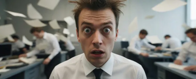 Stressed professional in chaotic office illustrating mental burnout — highlighting the benefits of reading printed books for focus and stress relief.