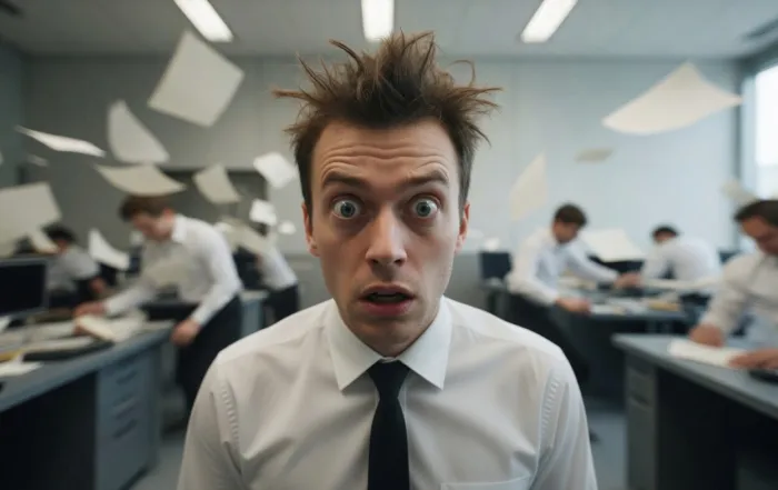 Stressed professional in chaotic office illustrating mental burnout — highlighting the benefits of reading printed books for focus and stress relief.