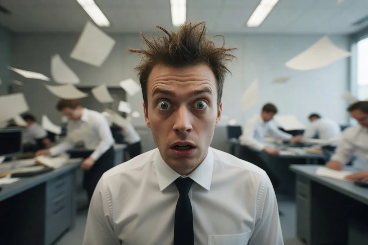 Stressed professional in chaotic office illustrating mental burnout — highlighting the benefits of reading printed books for focus and stress relief.