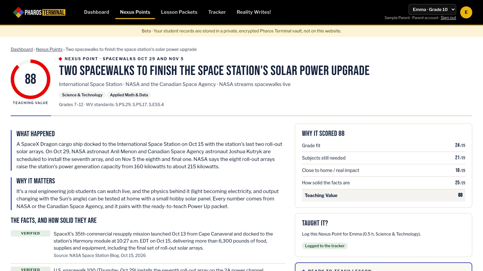 A Nexus Point about two spacewalks to finish the International Space Station's solar power upgrade, with a Teaching Value of 88, what happened, why it matters, and the facts with their sources.