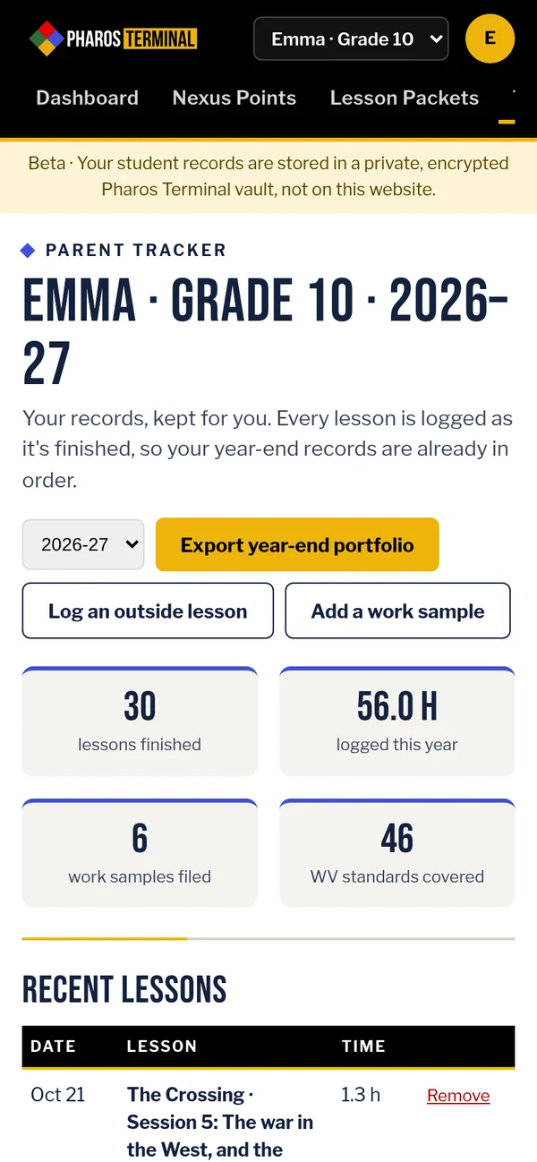The parent tracker on a phone, with the Export year-end portfolio button.