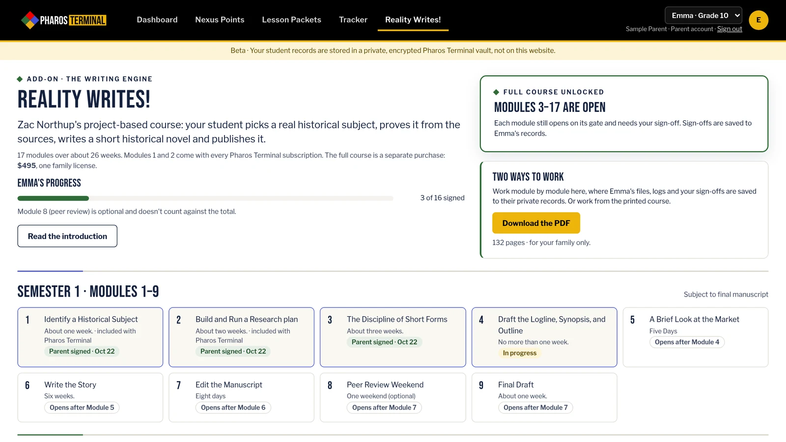 Reality Writes! inside Pharos Terminal, with the full course unlocked, Modules 1–3 signed off and Module 4 in progress.