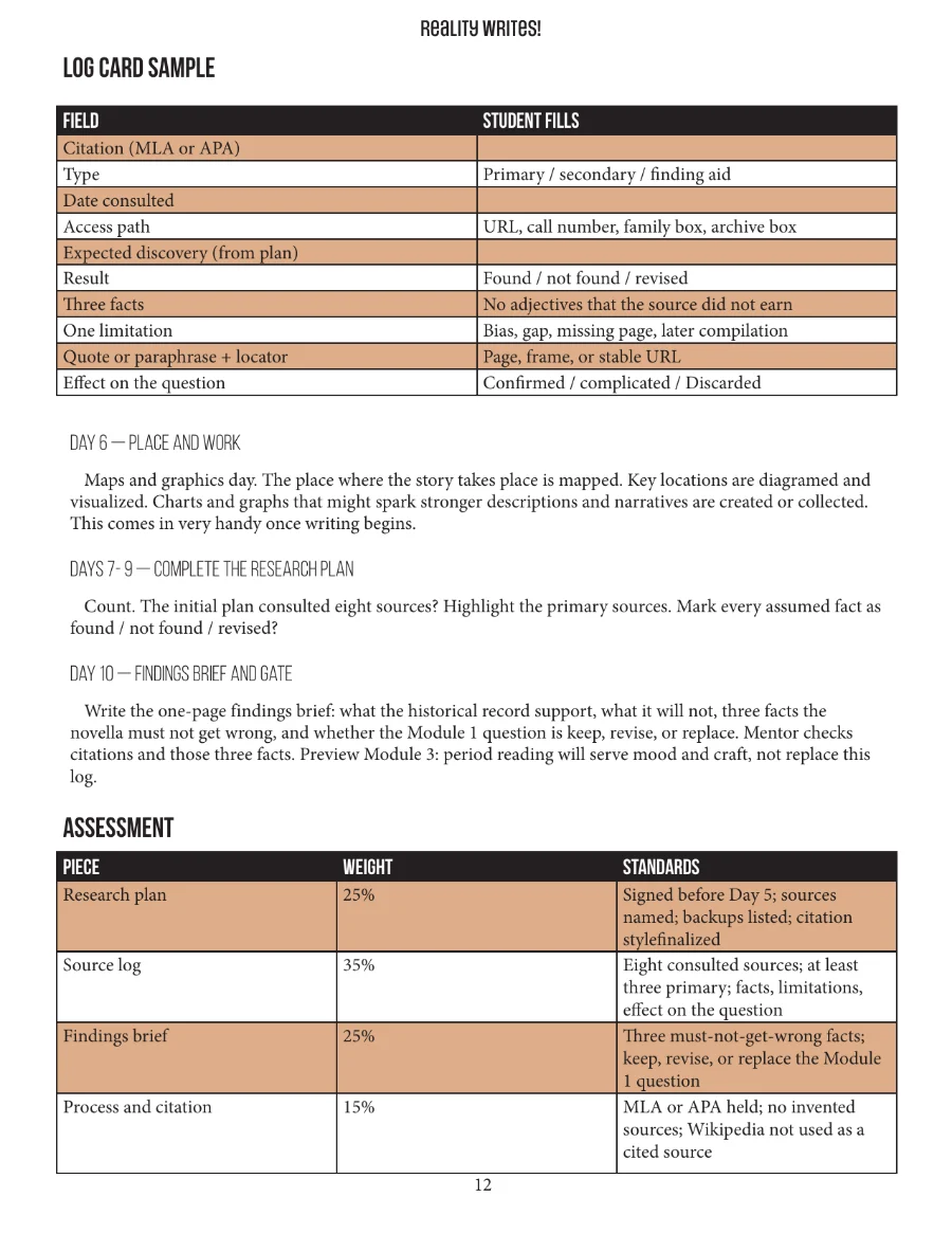 The same Module 2 source log card as a page in the Reality Writes! PDF.