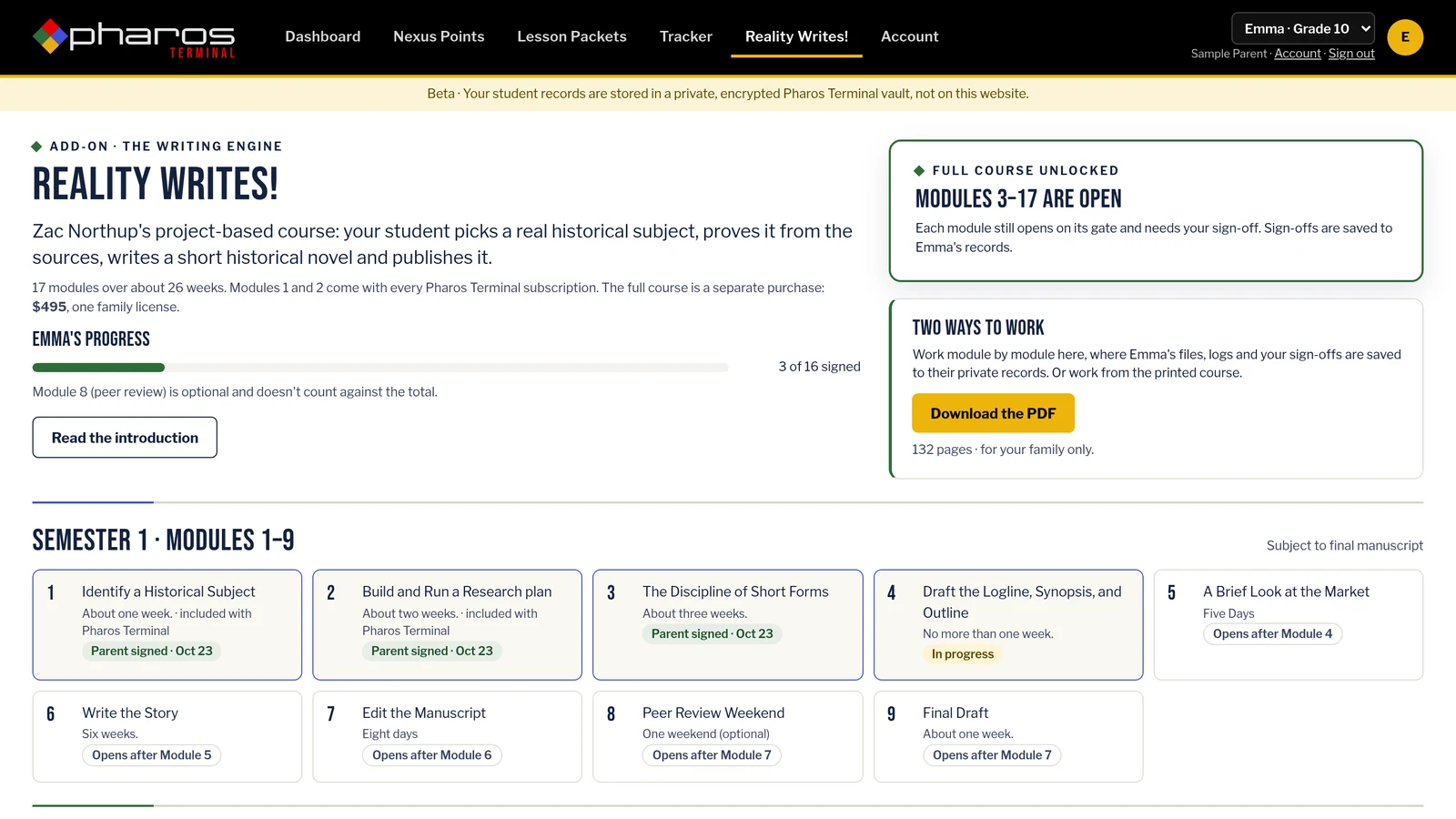 Reality Writes! inside Pharos Terminal, with Modules 1–3 signed off and Module 4 in progress.