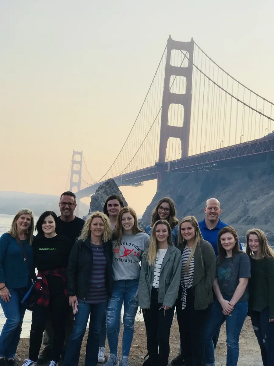 Zac Northup with students and chaperones at the Golden Gate Bridge.