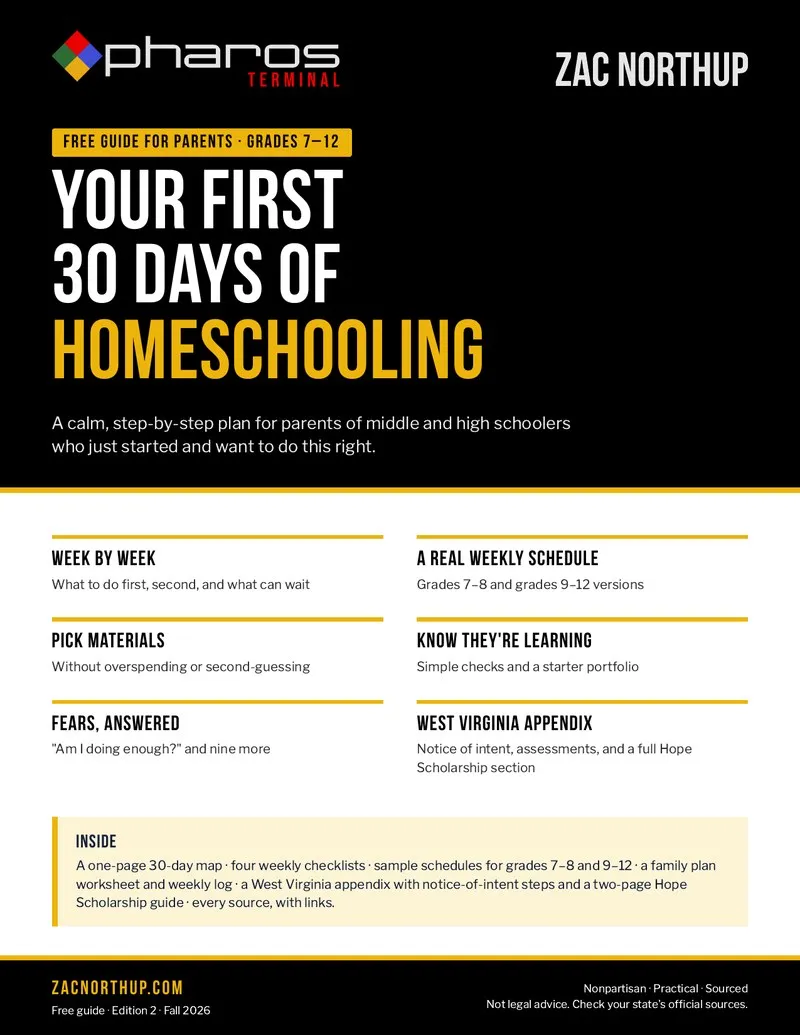 Cover of the free guide Your First 30 Days of Homeschooling, from Pharos Terminal.