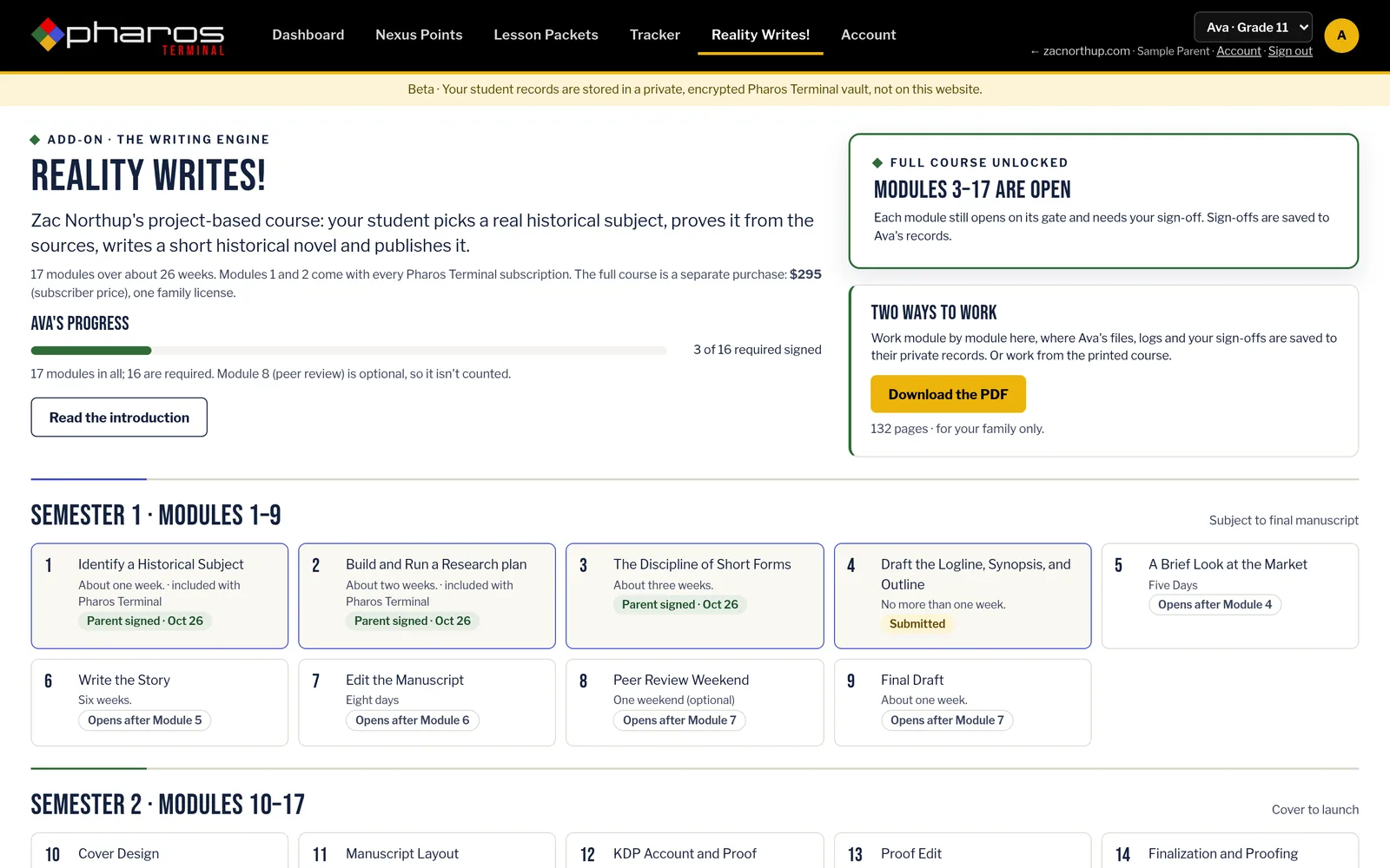 Reality Writes! inside Pharos Terminal: the course page with a progress bar reading 3 of 16 required modules signed and the Semester 1 module cards.