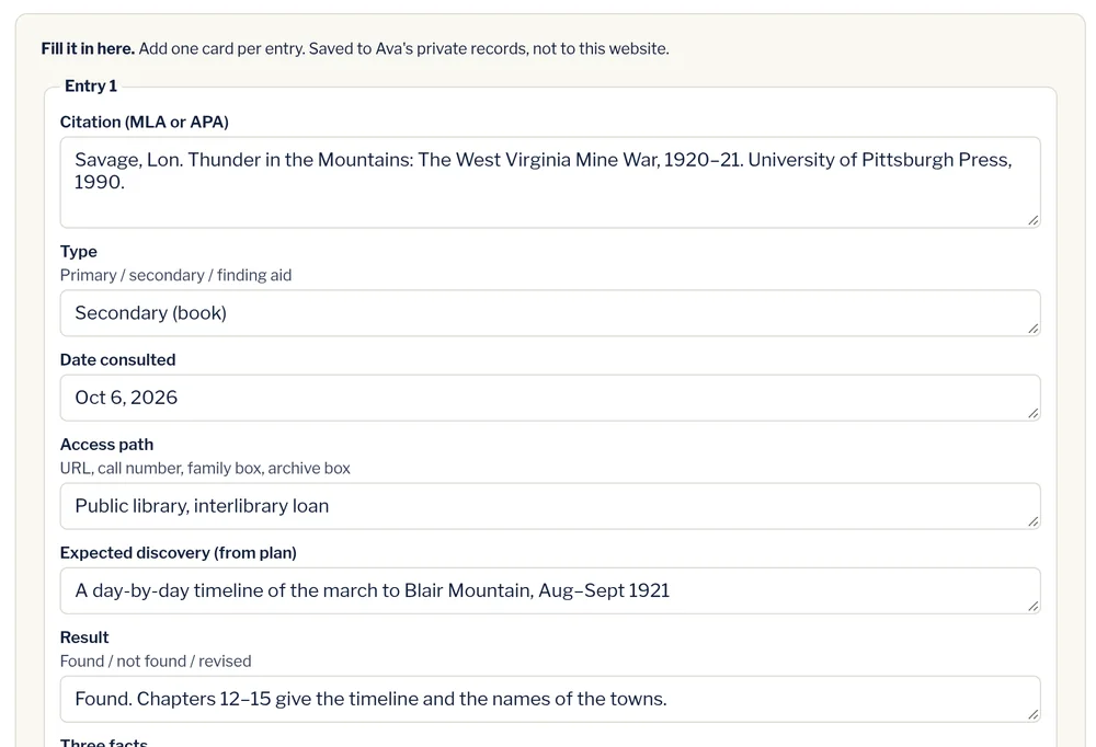 A student filling in a research log card in Module 2, citing a book on the West Virginia Mine War.