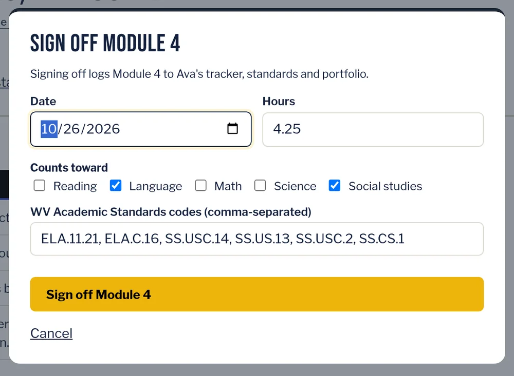 The parent sign-off form for Module 4, with date, hours, subjects and standards codes.