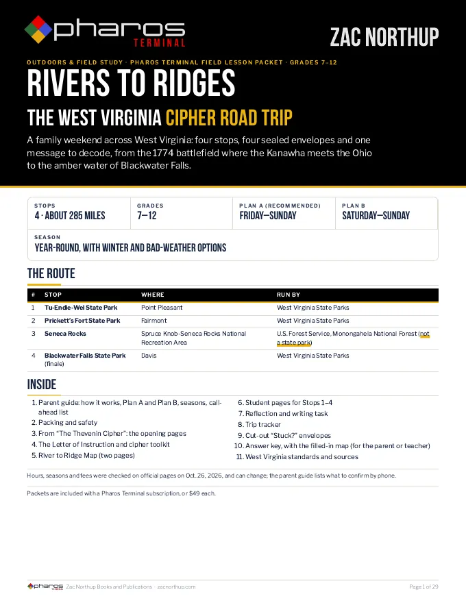 Cover of Rivers to Ridges: The West Virginia Cipher Road Trip, a Pharos Terminal field lesson packet: the route, the four stops and what is inside.