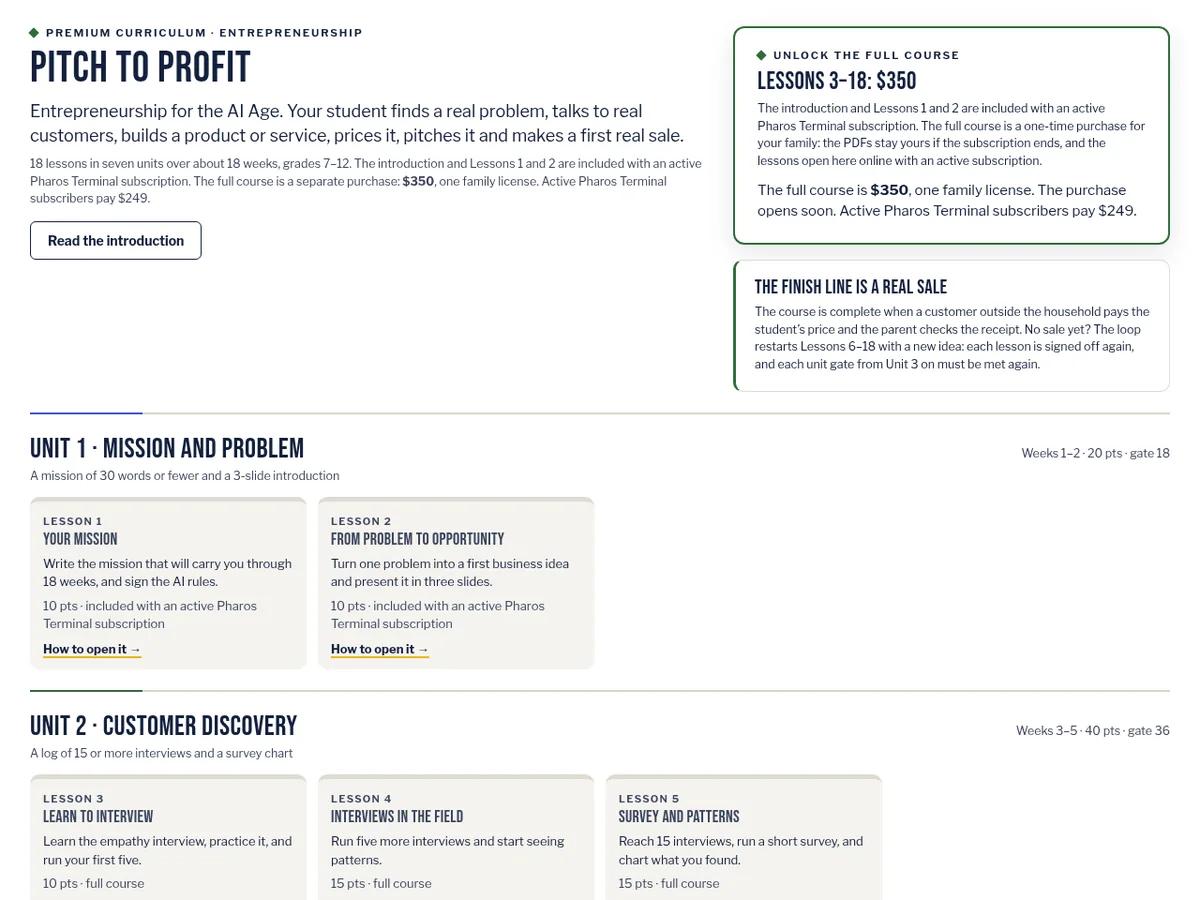 The Pitch to Profit course in Pharos Terminal.