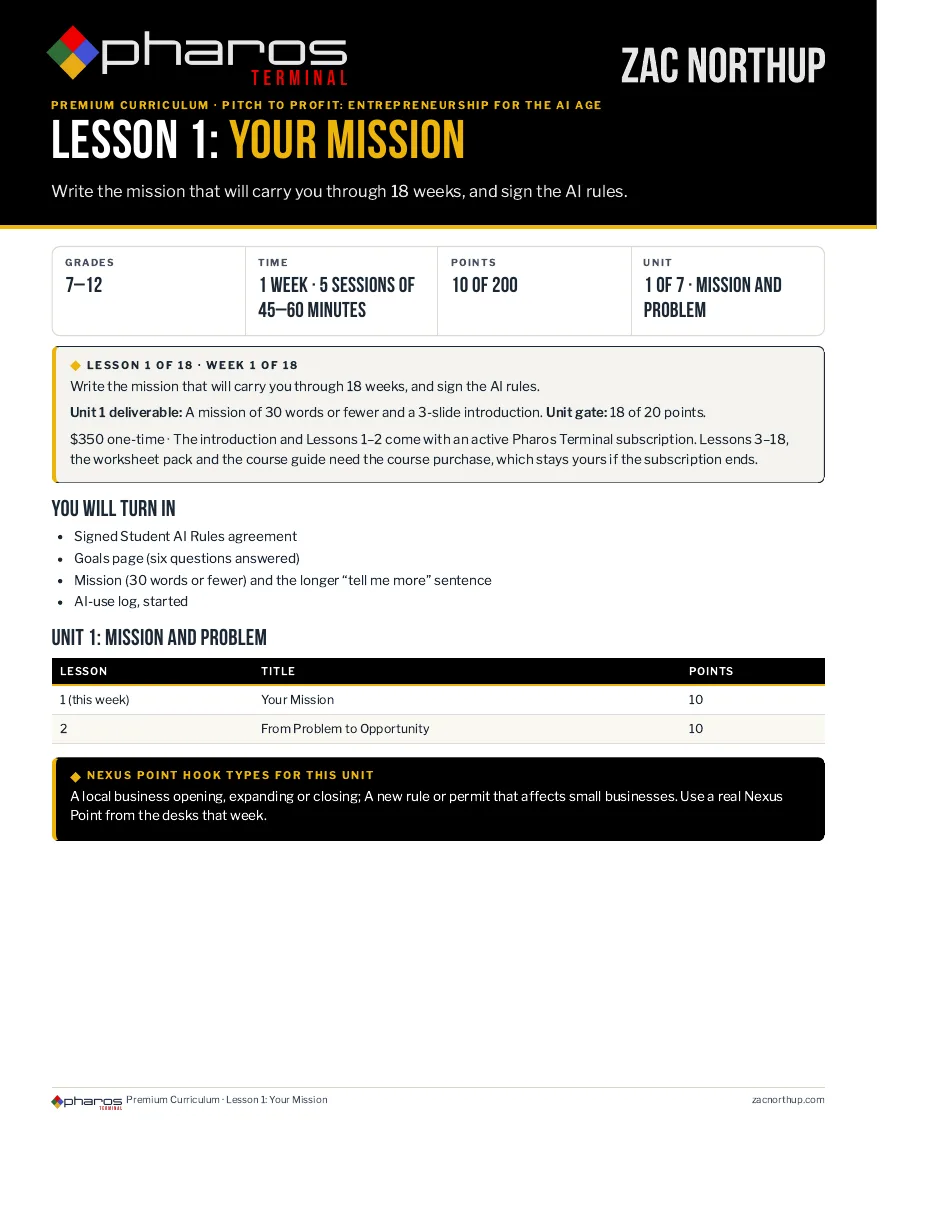 Page 1 of Lesson 1, Your Mission, from the Pitch to Profit PDF.