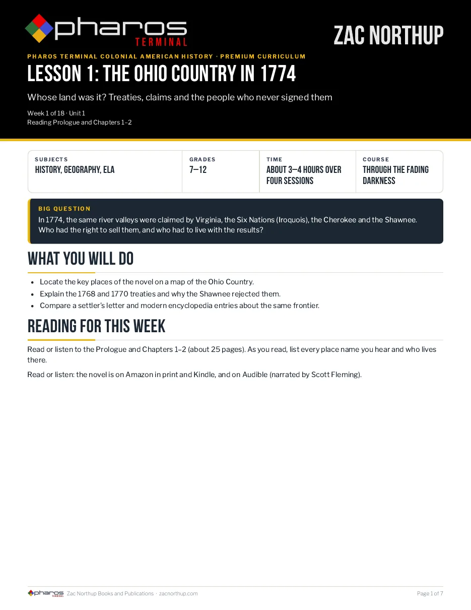 Page 1 of Lesson 1 of the Through the Fading Darkness course PDF.