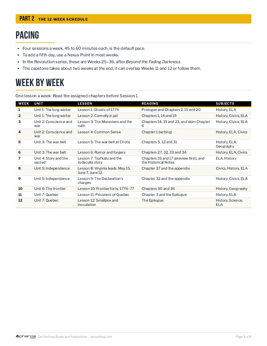 The week-by-week schedule in the Winter’s Ghosts course guide.